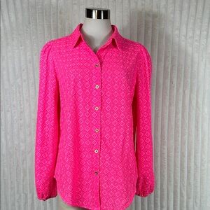 LILLY PULITZER hot pink Sea Breeze Eyelet Button Down Top L